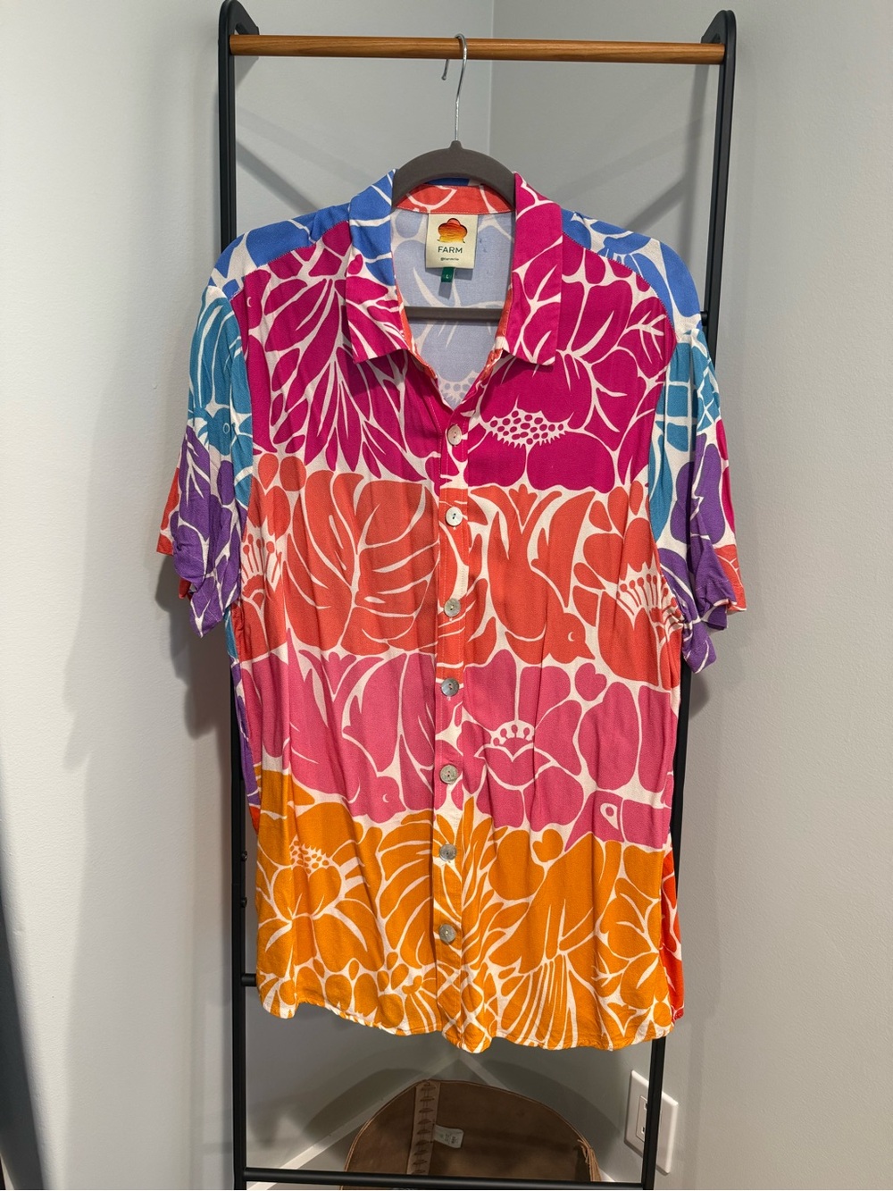 FARM Rio Hot Pink, Blue & Orange Tropical Button-Up Shirt
